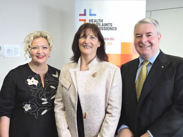 Minister for Health Jill Hennessy, Health Complaints Commissioner Karen Cusack and Michael Gorton AM opening the HCC.